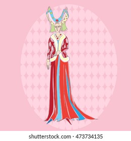 Fictional character inspired by a medieval costume, hand drawn illustration over a pink background