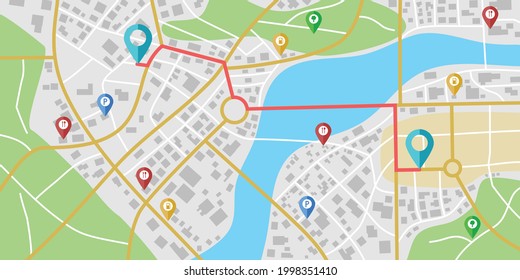 Fictional city map navigation with rivers and parks.