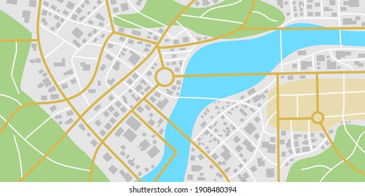 Mapa ficticio de la ciudad con ríos y parques.