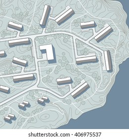 Fictional City Map, Working Village Or Campus. Top View