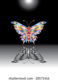 Fictional colorful butterfly under dark moon.