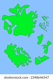 Mapa de arte de campo ficticio con continentes verdes, océano azul. Mapa de banner, afiche, impresión, cubierta o decoración de pared. Mundo imaginario. 