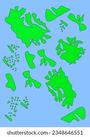 Mapa de arte de campo ficticio con continentes verdes, océano azul. Mapa de banner, afiche, impresión, cubierta o decoración de pared. Mundo imaginario. 