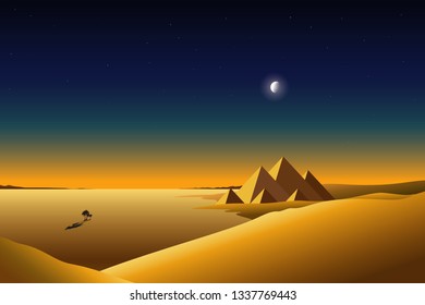 Fictional Desert Landscape at Sunset with Pyramids, Palms, Moon and Stars