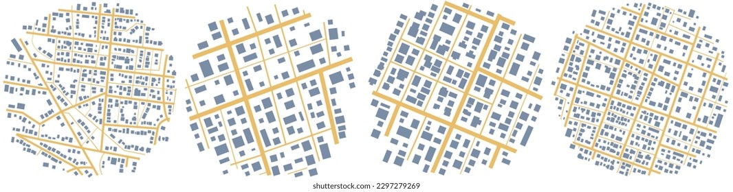 Fictional district plan. Set of plan with road and buildings. Abstract city maps, background. Top view, view from above.  Quarter residential buildings. Vector, illustration isolated on white.