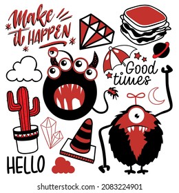 Fictional, fantasy doodle stickers characters, scary, wild mutants in funny sketch collection. Halloween set of outlined freaks, cool, imaginary creatures in vector monochrome.