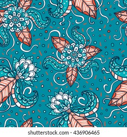 Fictional flowers with tentacles blue seamless pattern. 