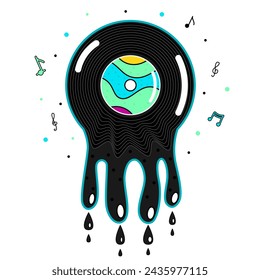 Fictional groovy colorful music record with notes. Record on white background.Black, blue, green bright colors. Music element in surrealistic cartoon style.Illustration for print on T-shirt, posters.