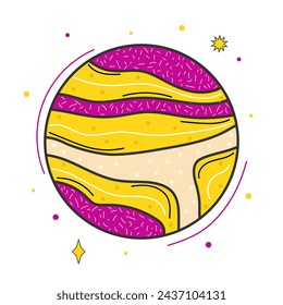 Fictional groovy colorful planet with stars. Planet on white background. Pink and yellow bright colors. Space object in surrealistic cartoon style. Illustration for print on T-shirt, posters.