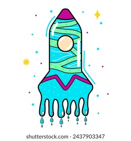 Fictional groovy colorful space rocket with stars. Rocket on white background.Pink, blue, green bright colors. Space transport in surrealistic cartoon style.Illustration for print on T-shirt, posters.