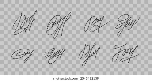 Fictional Handwritten Autograph sample set. Fake Isolated personal Signature collection. Sign for certificate, contract, business template, documents, branding Design. Vector illustration