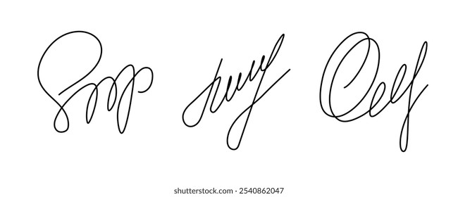 Fictional handwritten realistic Signature. Fake Hand Drawn isolated Autograph. Sign for certificate, letter, business design projects, digital documents, branding. Vector illustration