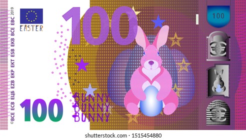 Fictional hundred denomination banknote and easter bunny