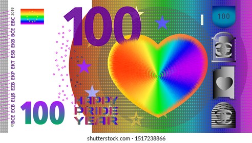 Fictional hundred denomination banknote happy pride year EPS10