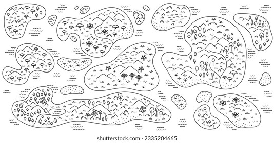 Fictional islands map sketch. Editable outline. Vector line.