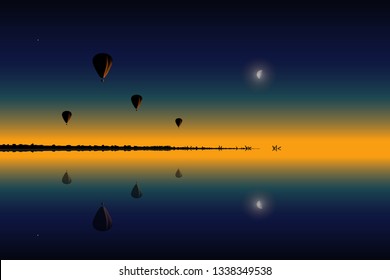 fictional lake at sunset with four hot air balloons and moon on the water surface