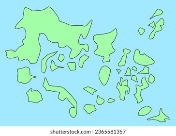Fictional map with green continents, blue ocean. Map for banner, poster, print, cover or wall decoration. Imaginary country art map.