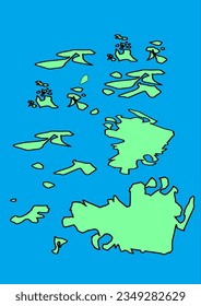 Fiktionale Karte der imaginären Welt mit grünen Kontinenten, blauem Ozean. Karte für Banner, Poster, Druck, Decken oder Wanddekoration. Vorstellungsvolle Welt.