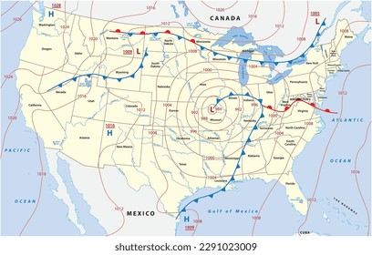 Fictional map of North America with isobars and weather fronts. Meteorological forecast.