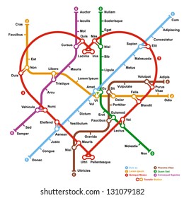 Fictional metro map in shape of heart. Vector illustration.