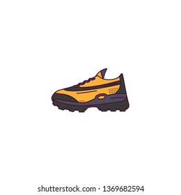 Fictional modern sneakers model side view. Linear style vector illustration. Shoes banner. Sneaker sport style illustration. Lines and dots. Yellow and black colors.
