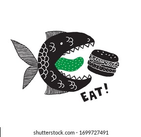 A fictional monster fish with an open mouth and tongue. Burger in its mouth. Phrase Eat. Conceptual design for t-shirts and other merch. Black and white illustration. Doodle.