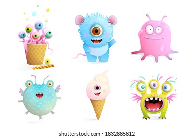 Fictional Monsters Characters Collection For Kids. Cute And Sweet Fairytale Creatures Clip Art Set Isolated On White Vector Imaginary Animals.