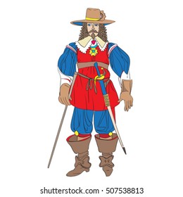 Fictional musketeer outfit inspired by a French Renaissance costume, hand drawn cartoon illustrations isolated on white