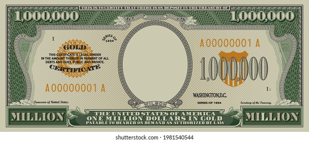 Fictional obverse of a gold certificate with a face value of 1,000,000 dollars. US paper money one million. Part one