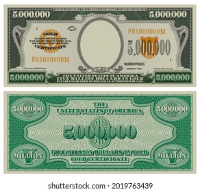 Fictional obverse and reverse of a gold certificate with a face value of 5,000,000 dollars. US paper money five million