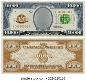 Fictional obverse and reverse of a gold certificate with a face value of 10,000 dollars. US paper money