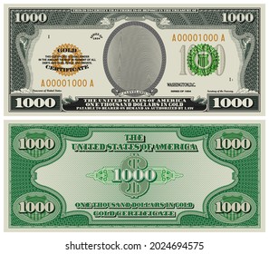 Fictional obverse and reverse of a gold certificate with a face value of 1000 dollars. US paper money. Cleveland