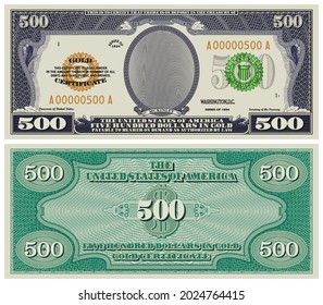 Fictional obverse and reverse of a gold certificate with a face value of 500 dollars. US paper money. McKinley