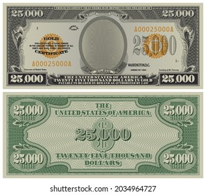 Fictional obverse and reverse of a gold certificate with a face value of 25,000 dollars. US paper money svg