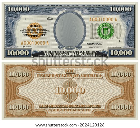 Fictional obverse and reverse of a gold certificate with a face value of 10,000 dollars. US paper money
