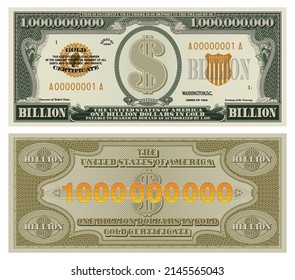 Fictional obverse and reverse of a one billion dollars gold certificate. Vintage paper money in USA style svg