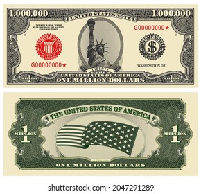 Fictional obverse and reverse of US paper money. One million dollar banknote. Statue of Liberty, stars-striped flag and guilloche frames