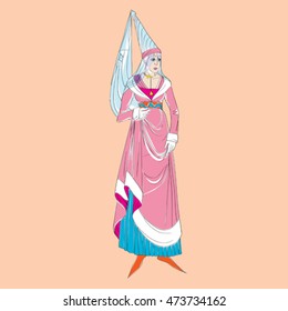 Fictional outfit inspired by a medieval costume, hand drawn cartoon illustration over an orange background