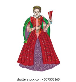 Fictional outfit for women inspired by a Renaissance costume, hand drawn cartoon illustration isolated on white
