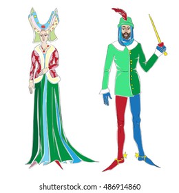 Fictional outfits inspired by medieval costumes, hand drawn cartoon illustrations isolated on white