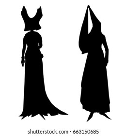 Fictional outfits inspired by medieval costumes, hand drawn cartoon illustrations isolated on white