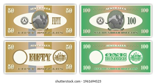 Fictional paper money of Australia. Obverse and reverse of 50 and 100 dollar banknotes. Cartoon kangaroo in an oval, a coat of arms from thin lines and ribbon