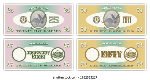 Fictional paper money of Australia. Obverse and reverse of 25 and 50 dollar banknotes. Cartoon kangaroo in an oval, a coat of arms from thin lines and ribbon