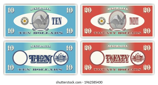 Fictional paper money of Australia. Obverse and reverse of 10 and 20 dollar banknotes. Cartoon kangaroo in an oval, a coat of arms from thin lines and ribbon