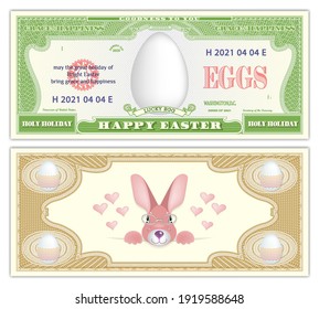 Fictional paper money dedicated to the bright holiday Happy Easter. Obverse and reverse of the banknote. The head of an eared rabbit with glasses and with paws, a lucky egg in the center