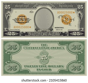 Fictional paper money, gold certificate, denomination of 25 dollars in the style of vintage 1934 US banknotes. Gray obverse and green reverse with guilloche grid