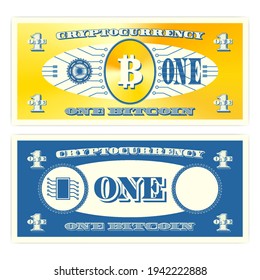 Fictional paper money. Golden cryptocurrency 1 bitcoin banknote. Obverse and blue reverse