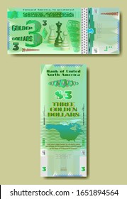 A fictional paper money project of the Bank of United North America with a face value of 3 golden dollars. Part three EPS10