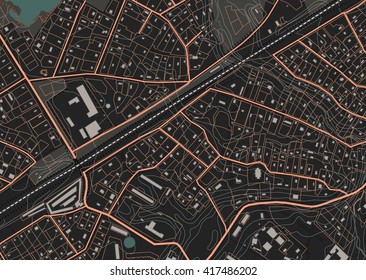 Fictional plan a residential area of private housing. Vector illustration in dark tones