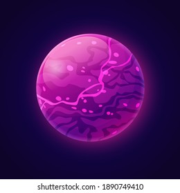 Fictional planet with plasma liquid and violet energy. Cosmos and universe, outer space exploration or discoveries. Fantasy celestial body, star or asteroid design. Cartoon vector in flat style